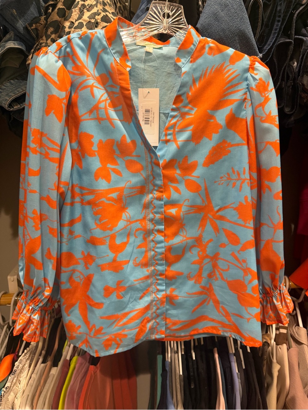 Vibrant Blue & Orange Floral V-Neck Blouse